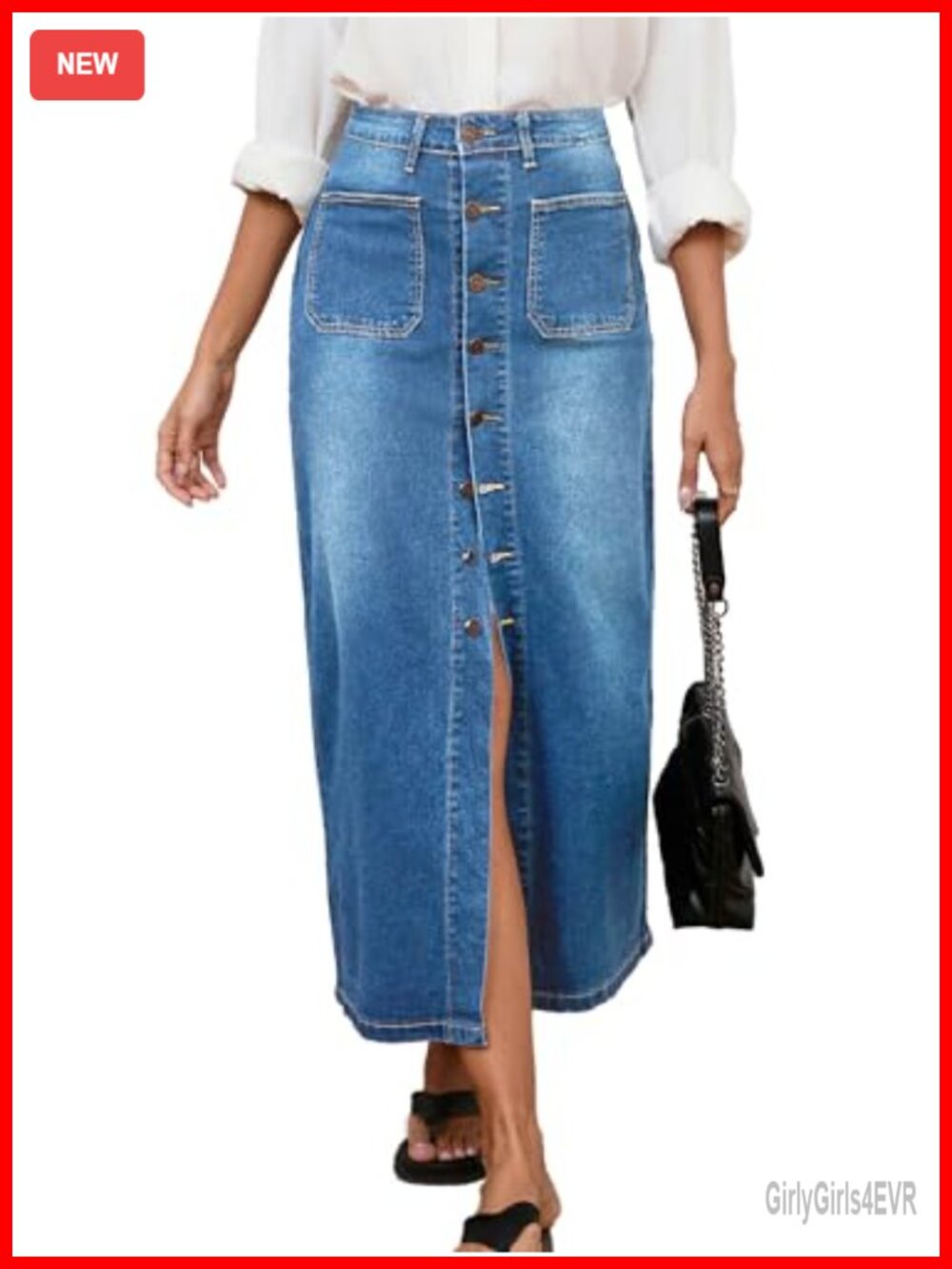 High Waist Denim Midi Skirt Button Front Stretch Women's